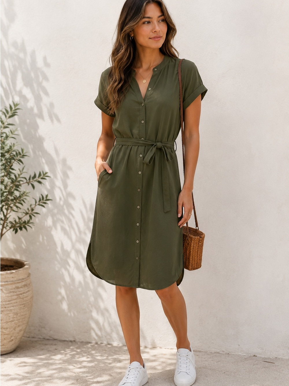 LOFT Olive Green Button-Front Midi Dress with Tie Waist